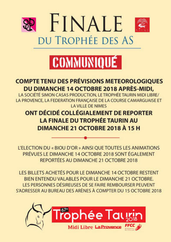 FINALE DU TROPHÉE DES AS : LA COURSE REPORTÉE AU DIMANCHE 21 OCTOBRE 2018